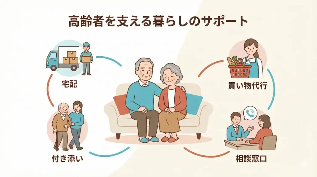 福岡市の高齢者向け買い物支援サービスの全体像（宅配・買い物代行・付き添い・相談）