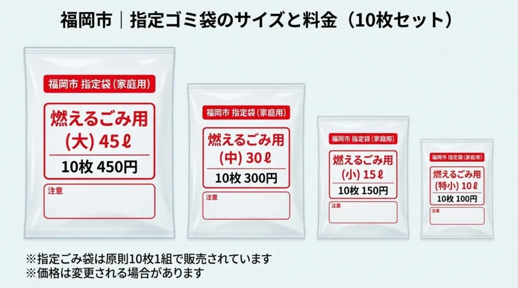福岡市指定ごみ袋のサイズ別料金（10枚セット）を比較した図解