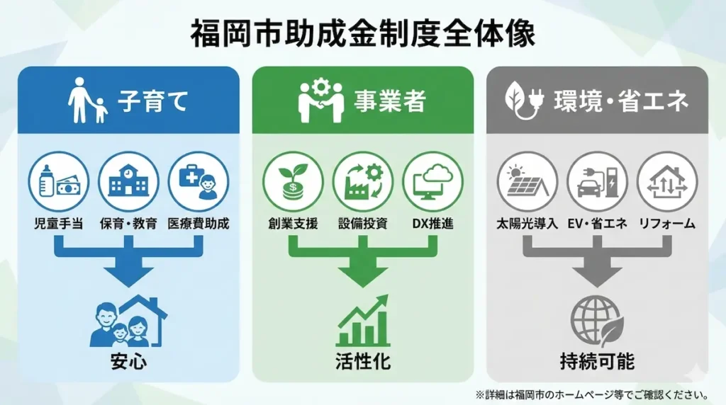 福岡市で利用できる助成金制度の全体像（子育て・事業者・省エネ支援）