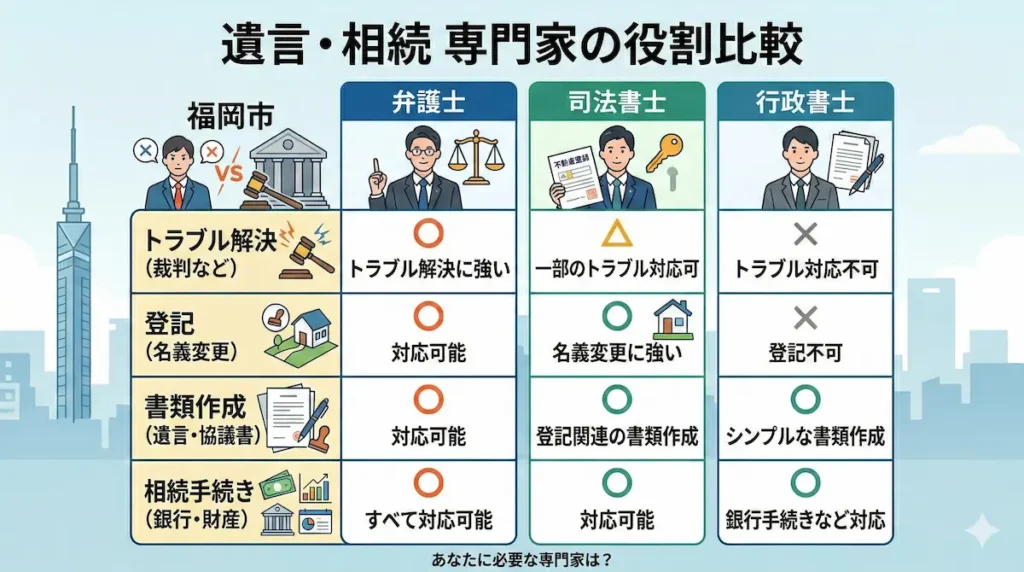 福岡市で遺言書作成を相談できる専門家の比較｜弁護士・司法書士・行政書士の違い