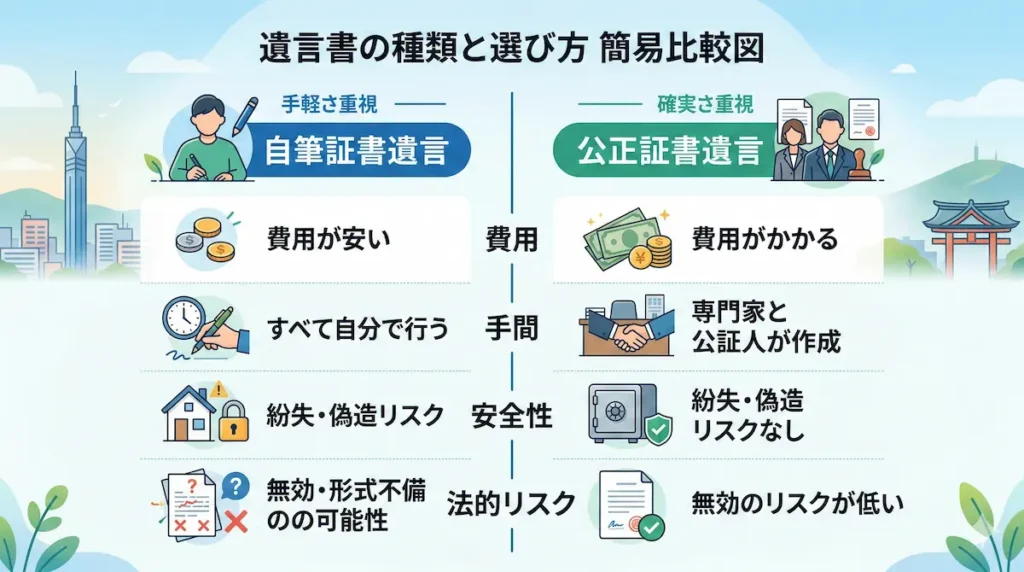 福岡市で作成できる遺言書の種類比較｜自筆証書遺言と公正証書遺言の違い