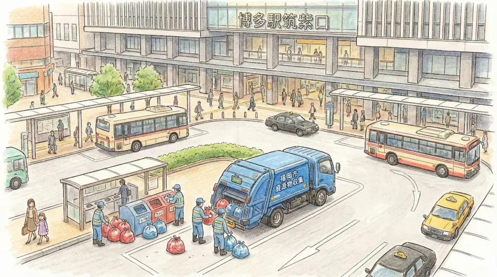 博多駅筑紫口で行われているごみ収集の様子