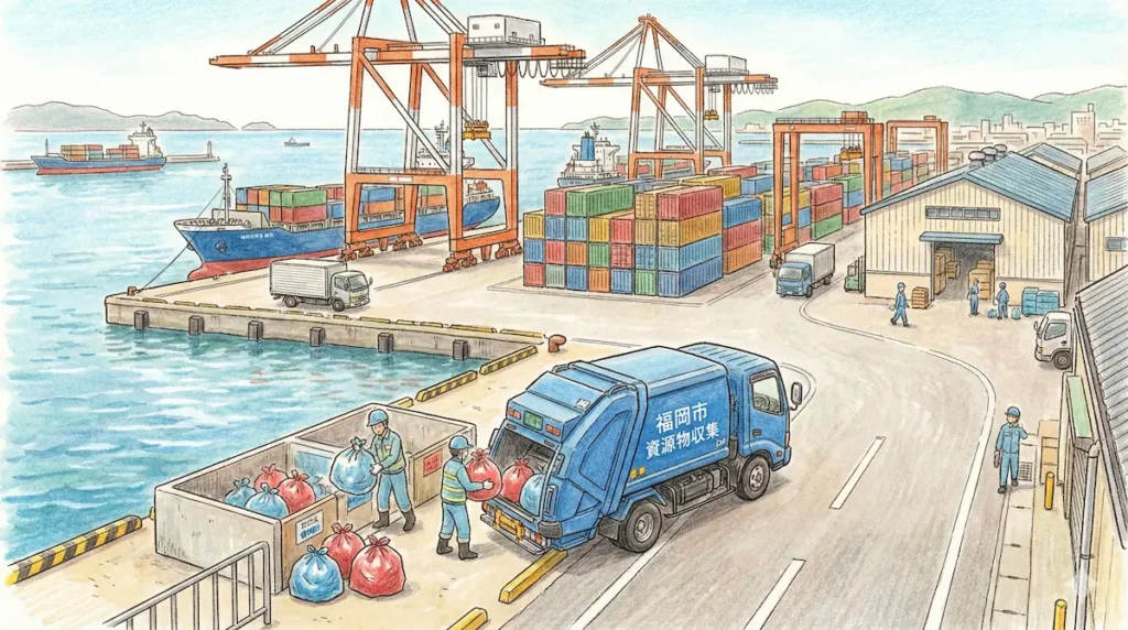 箱崎ふ頭で行われているごみ収集の様子
