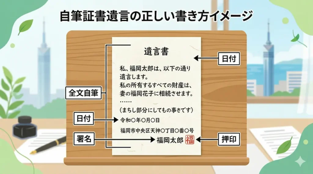 自筆証書遺言の正しい書き方例｜全文自筆・日付・署名押印の法的要件