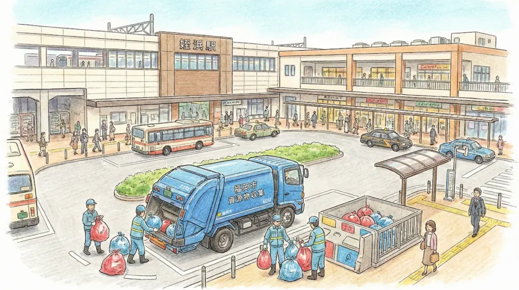 姪浜駅前で行われているごみ収集の様子