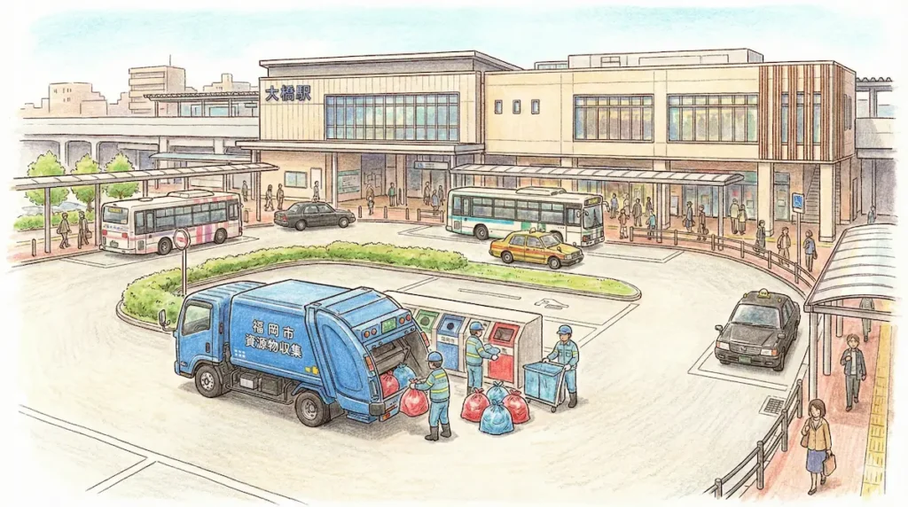 福岡市南区の大橋駅ロータリーで行われているごみ収集の様子