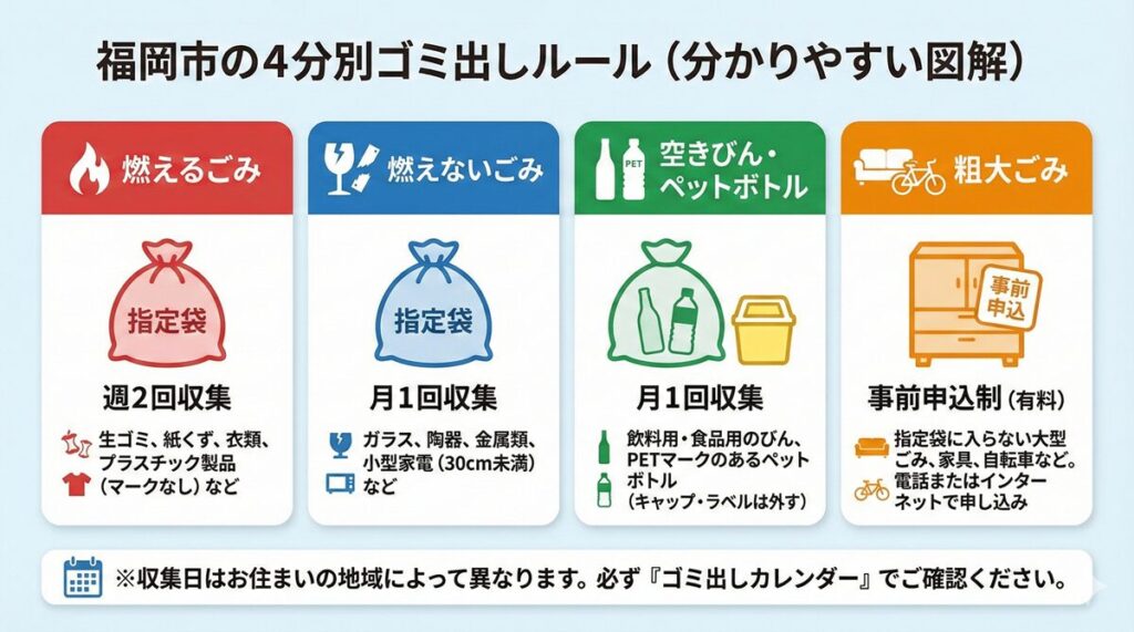 福岡市で実施されている燃えるごみなど4分別の基本ルールを示した図
