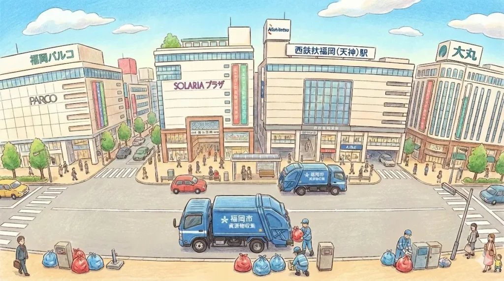 福岡市天神駅前で清掃車によるごみ収集が行われている様子