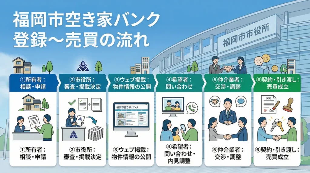 福岡市空き家バンクの登録から売買成立までの流れを示した手続きフロー図
