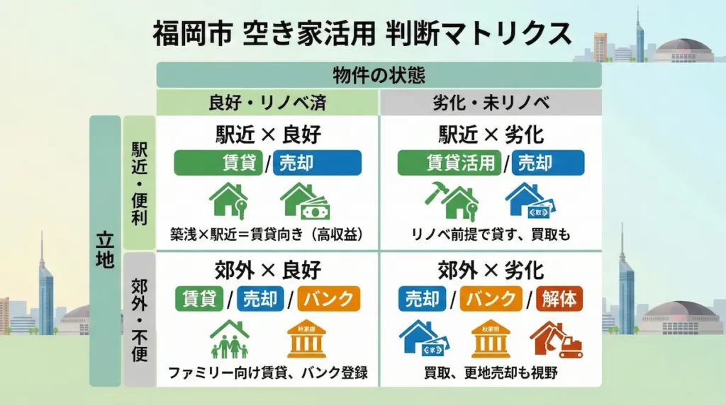 立地・築年数・建物状態別に福岡市の空き家活用方法を整理した判断マトリクス図