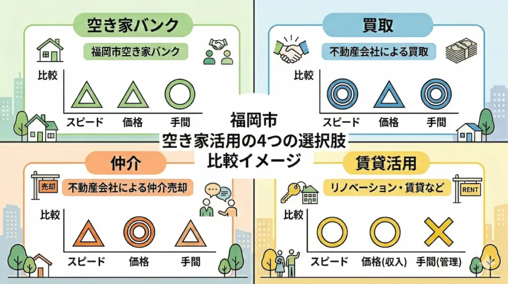 福岡市の空き家所有者が選べる4つの選択肢（空き家バンク・買取・仲介・賃貸活用）の比較図