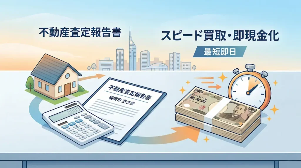 福岡市で空き家を不動産買取業者に査定してもらう際のイメージ（査定書と住宅模型）