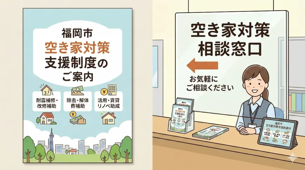 福岡市の空き家対策補助金や相談窓口を紹介するイメージ