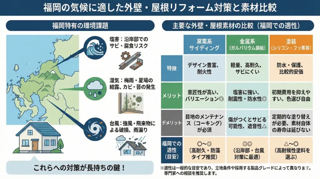 福岡の気候に適した外壁屋根リフォーム素材比較