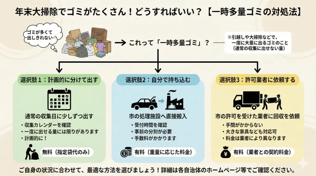 福岡市で年末の大掃除によりゴミが多い場合の対処方法を整理した図