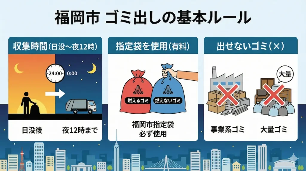 福岡市独自のゴミ出しルール（夜間収集、日没から午前0時までの排出、指定袋の使用）を解説した図解