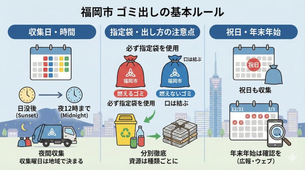 ゴミ出しの基本ルール（指定の収集日、朝8時までの排出、分別徹底）をまとめた図解
