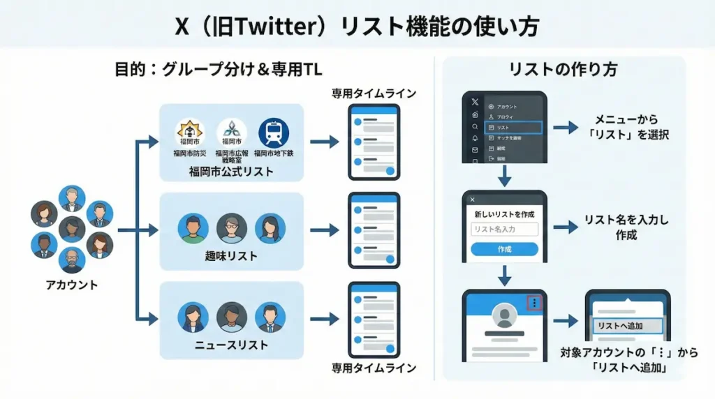 X（旧Twitter）のリスト作成手順と、タイムラインを特定のユーザー群ごとに整理・表示する方法を解説した図解