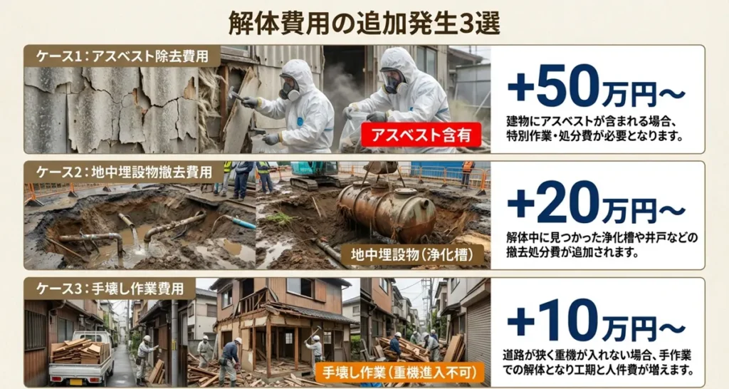 解体工事で追加費用が発生する要因（アスベストや地中埋設物、狭小地作業）の現場写真