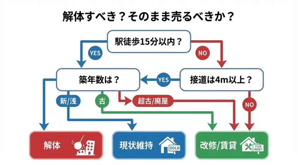立地や築年数などの条件から、解体・現状売却・改修活用を判断するフローチャート