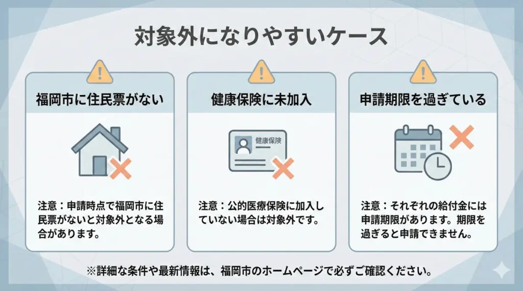 福岡市の出産・育児給付金で対象外になりやすい代表的なケースを示した注意点