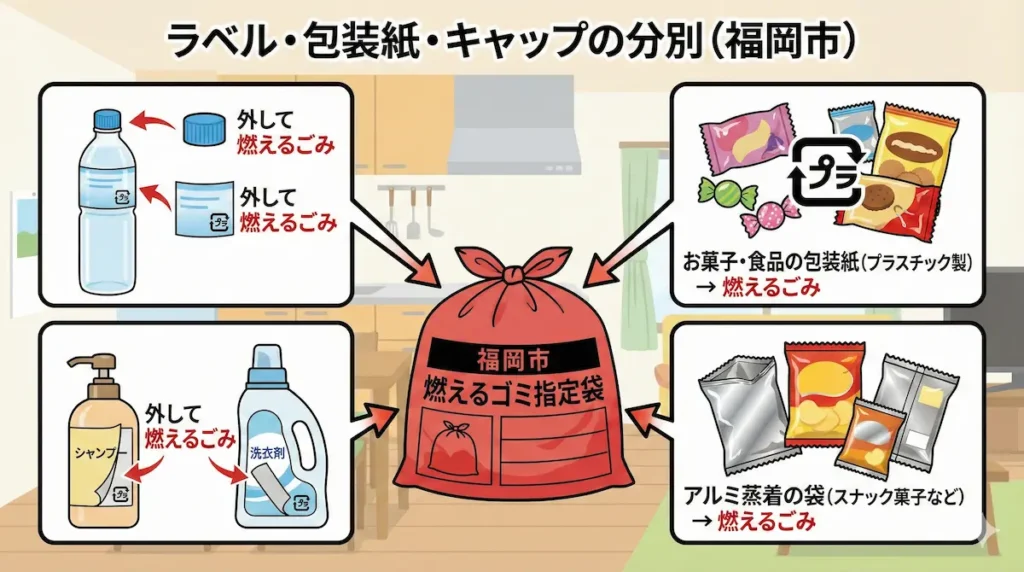 ペットボトルのラベル・キャップ（容器包装プラスチック）と、汚れのない紙製包装紙（古紙）の分別方法をまとめた図解