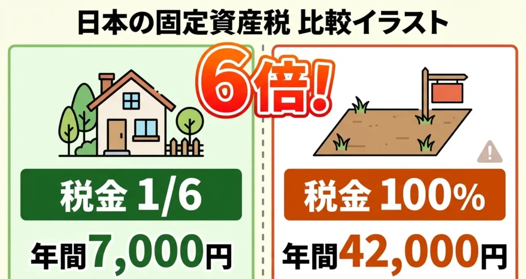 住宅用地の特例により、家がある場合と更地の場合で固定資産税が大きく変わる比較図