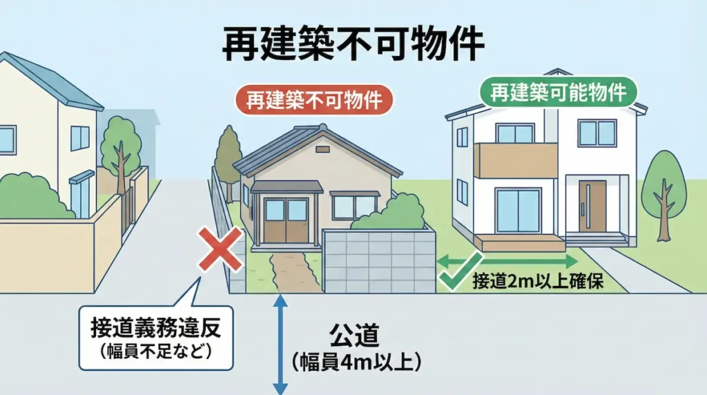 接道義務違反（幅員不足）の再建築不可物件と、接道2m以上を確保した再建築可能物件の違いを比較したイラスト