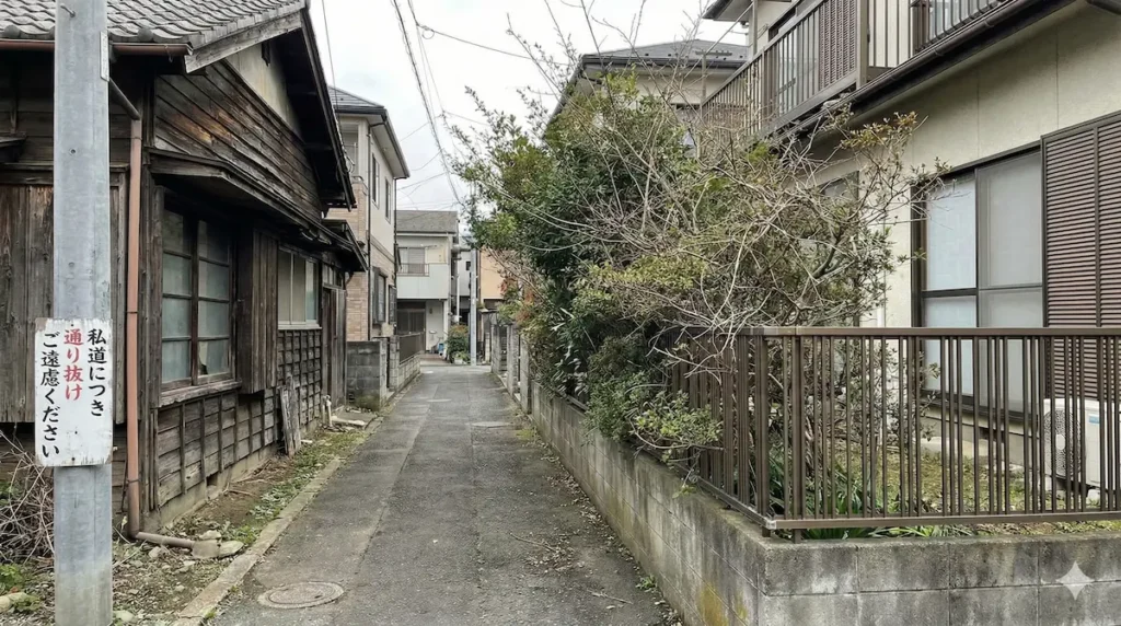接道義務を満たさない幅員1.8mの私道と、隣地へ越境する庭木がある再建築不可物件