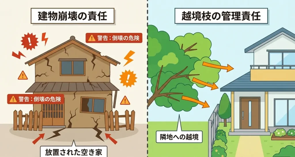管理不全な空き家の事例。建物の外壁剥落や倒壊の危険と、隣地や道路へ大きくはみ出した庭木の越境。