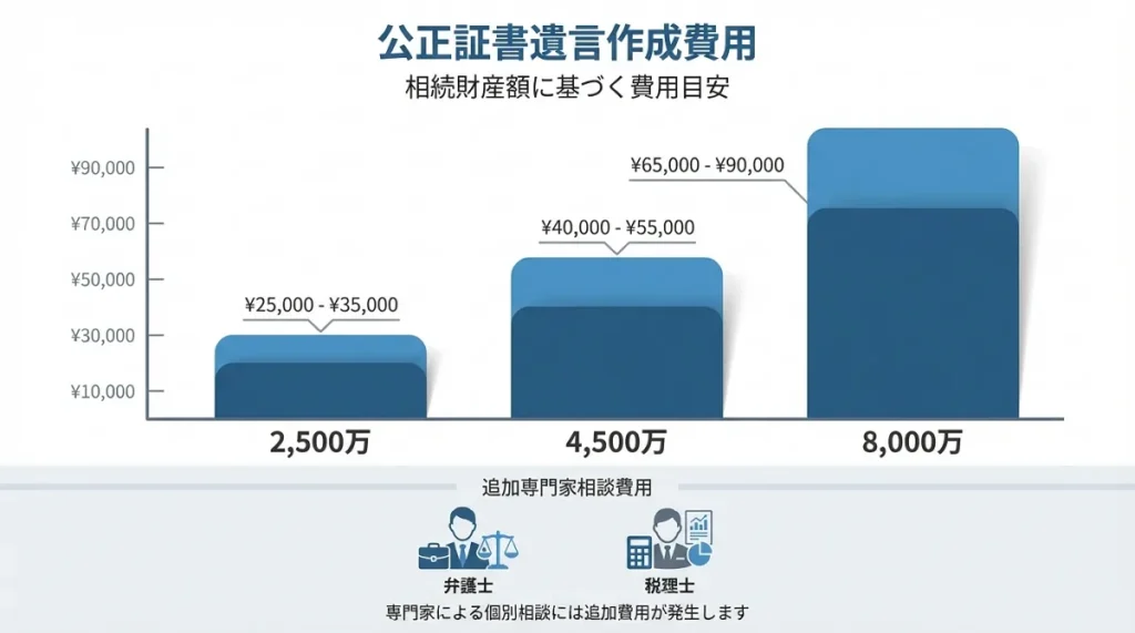 公正証書遺言の費用を財産額別に示す比較図