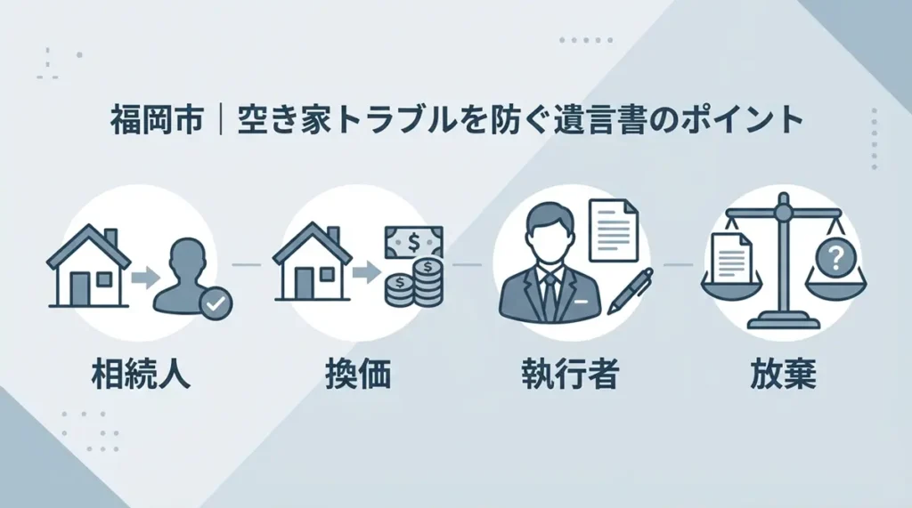 遺言書で防げる空き家トラブルのチェックポイントを示した図