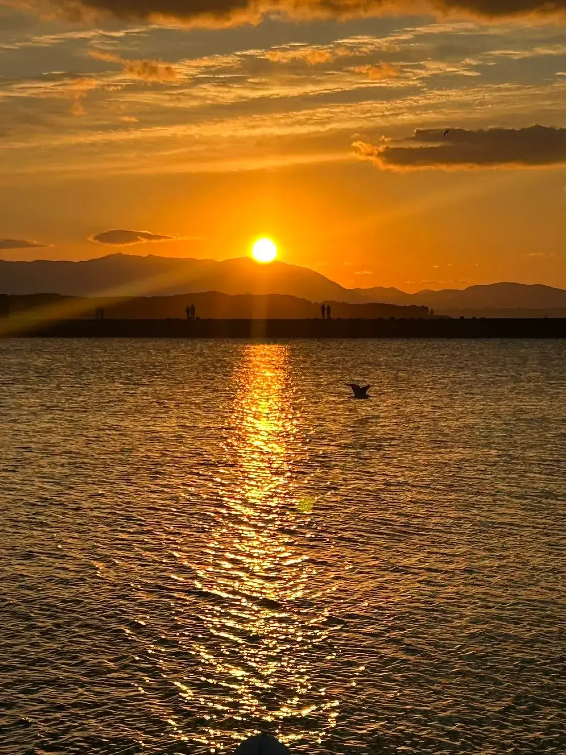 志賀島・弘漁港近くから望む初日の出。昇る太陽の光が海面に反射し始め、黄金色の道が形成される様子。