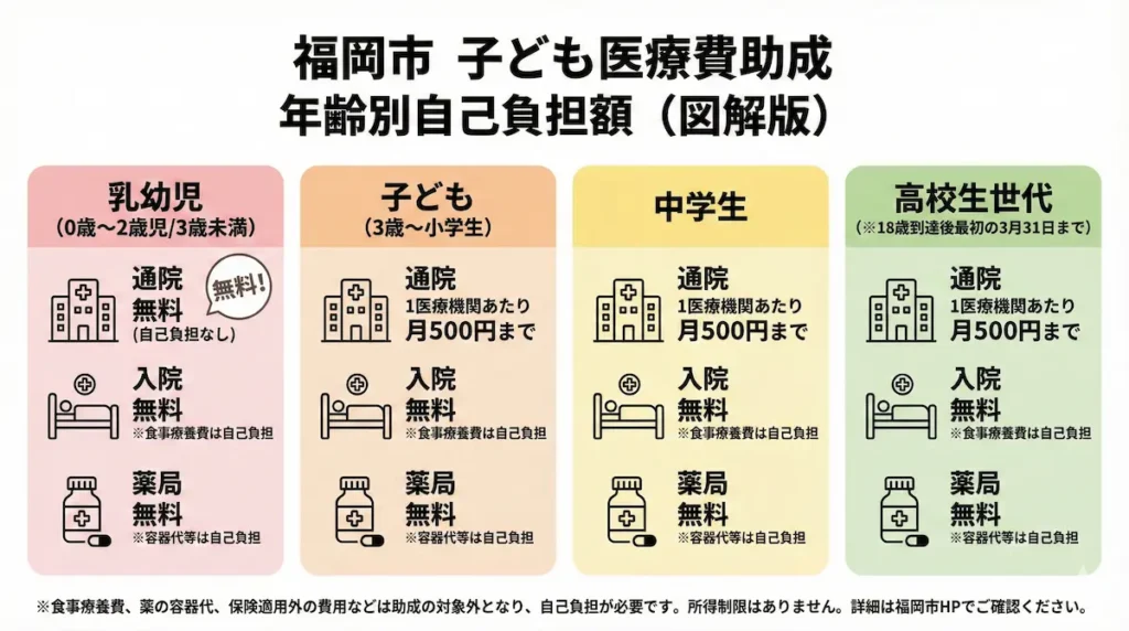 福岡市の子ども医療費自己負担額を年齢別に比較した図（外来・入院・調剤）