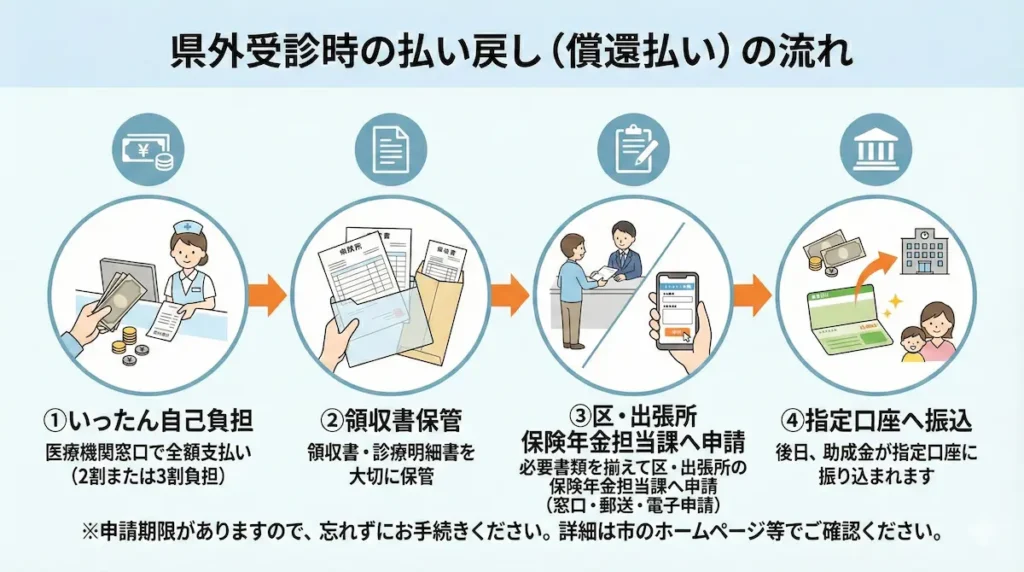 福岡市で県外受診した場合の償還払い手続きの流れ（領収書提出から振込まで）