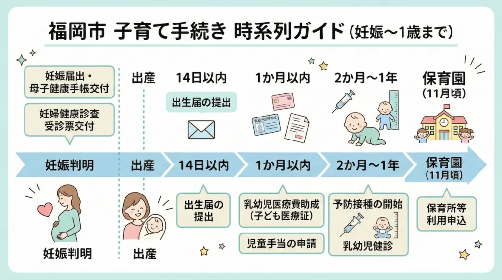 福岡市の子育て支援申請タイムライン（妊娠中から出産後1年までの手続き時系列一覧）