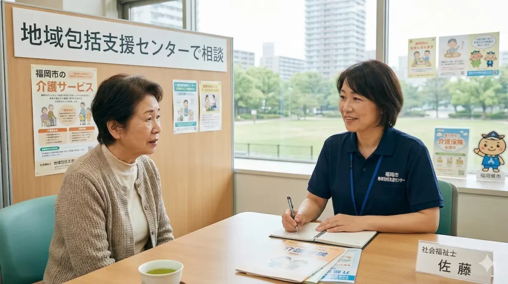 地域包括支援センターで高齢者が介護相談をしているイメージ