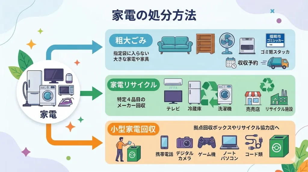 福岡市で家電を処分する3つの方法(粗大ごみ・家電リサイクル・小型家電回収)