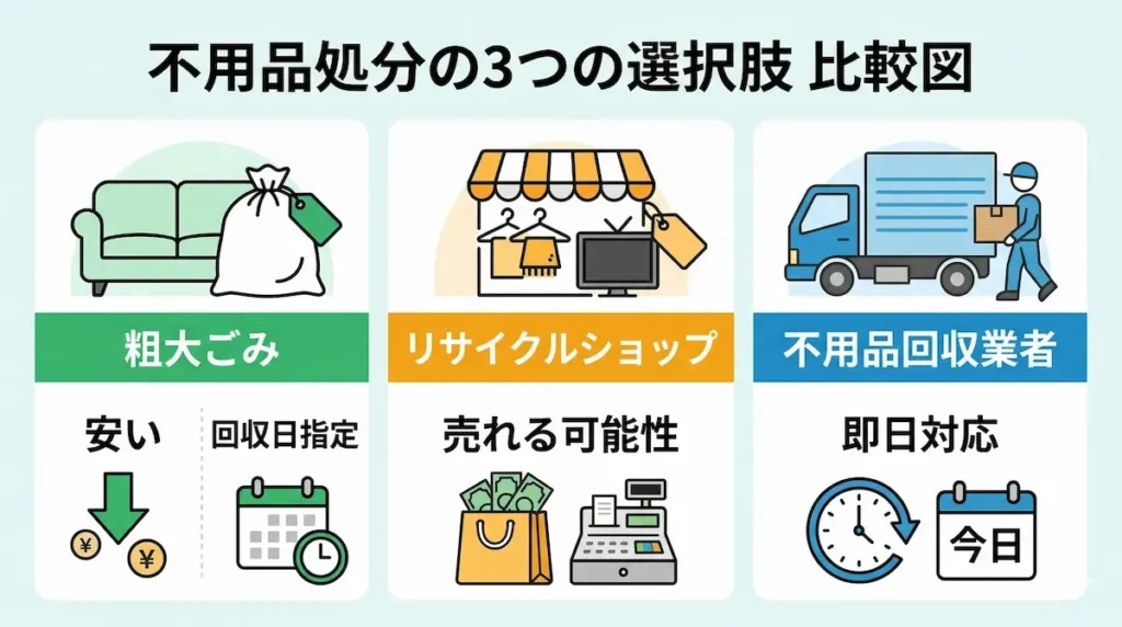 引越し時の不用品処分方法（粗大ごみ・リサイクルショップ・回収業者）の比較