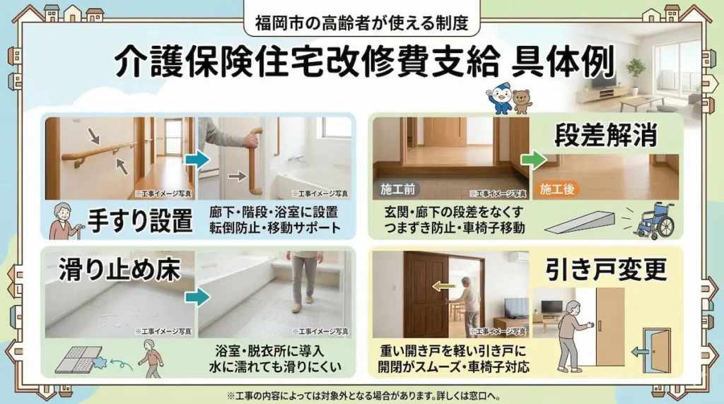 介護保険住宅改修で対象となる手すり設置や段差解消などの工事例