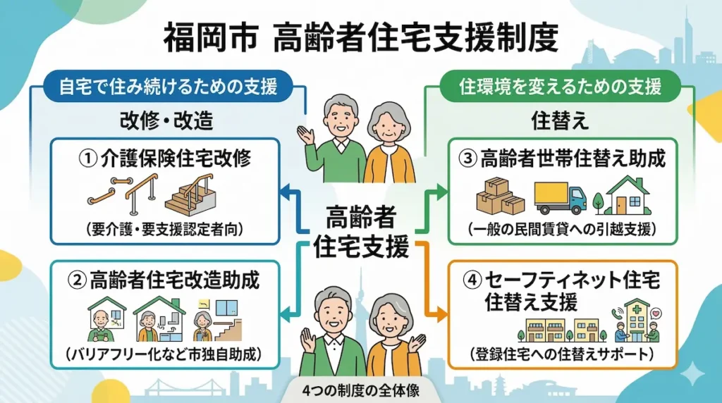 福岡市の高齢者住宅支援制度4種類の比較（対象者・補助上限・窓口）