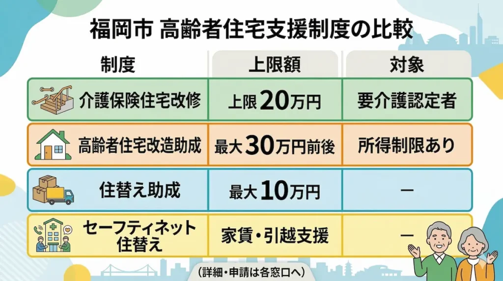 福岡市の高齢者住宅支援制度（住宅改修・住宅改造助成・住み替え支援）の全体図