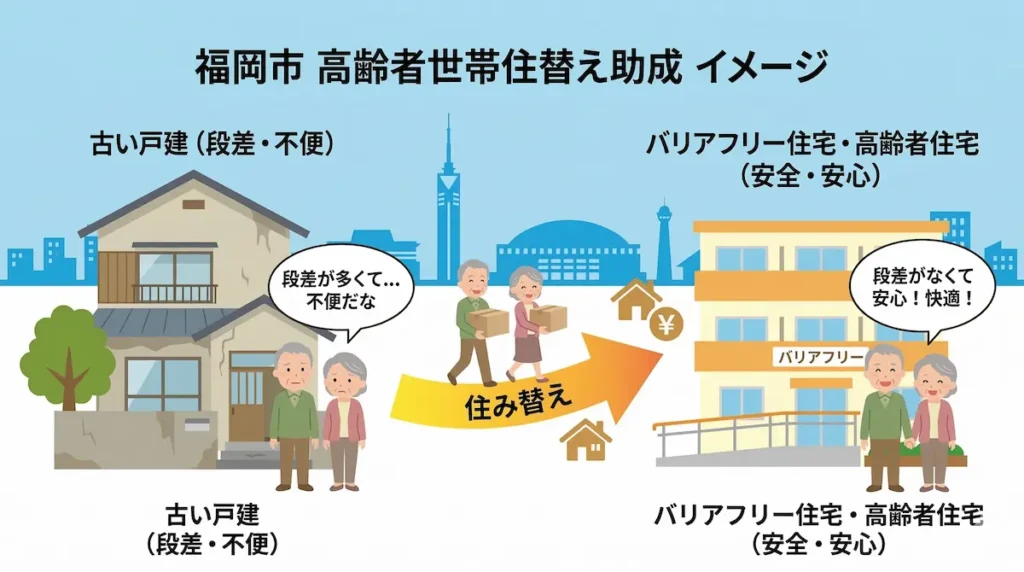 福岡市の高齢者世帯住替え助成事業とセーフティネット住宅住替え支援のイメージ