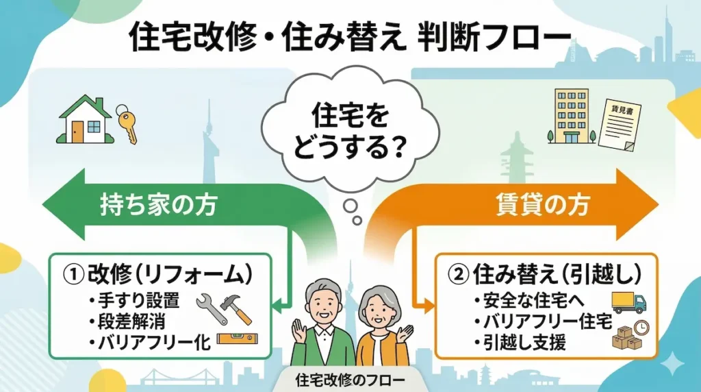 高齢者住宅支援制度で改修か住み替えかを判断するフローチャート