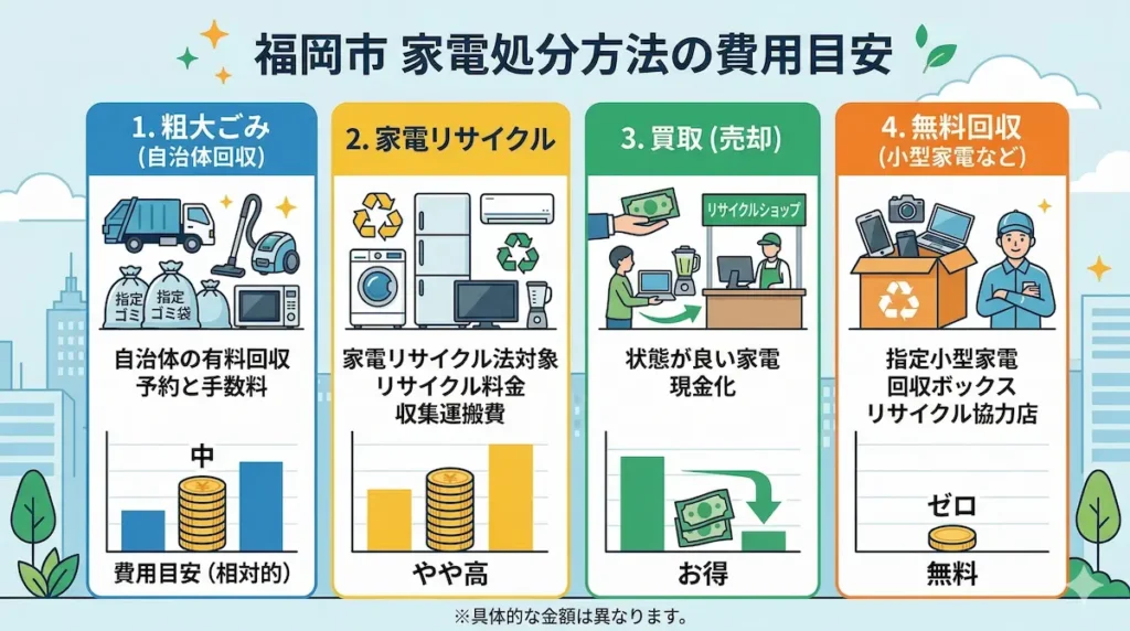 家電処分の費用比較(粗大ごみ・家電リサイクル・持ち込み・買取)