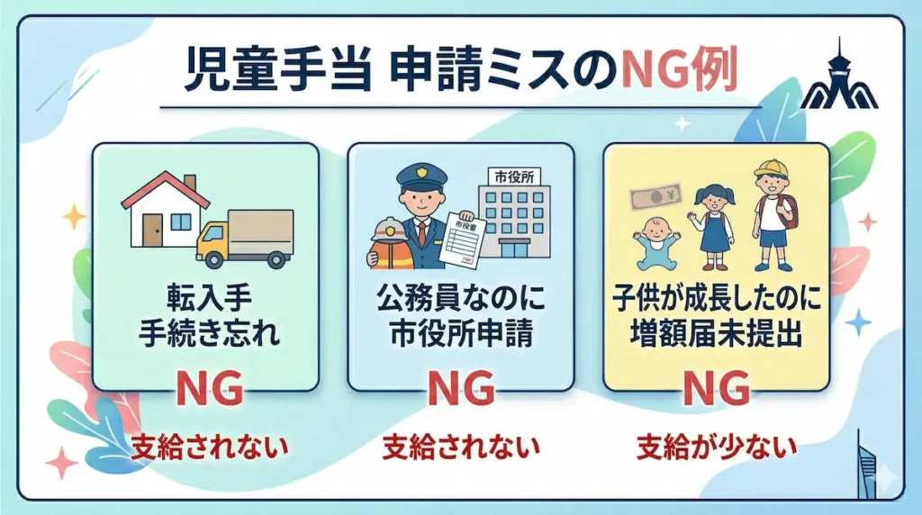 児童手当の申請ミス事例（転入手続き忘れ・公務員申請・増額届漏れ）
