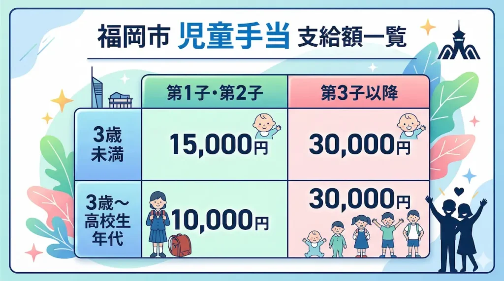 福岡市の児童手当支給額一覧（年齢別・第何子別の早見表）