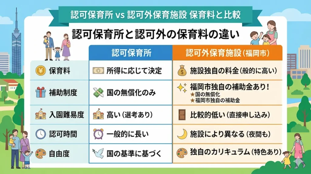 認可保育所と認可外保育施設(福岡市)の比較。保育料、補助金制度、入園難易度、開園時間、カリキュラムの自由度の違い