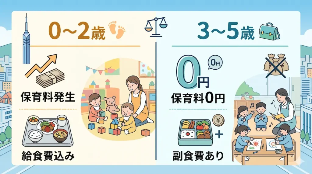 0〜2歳(保育料発生・給食費込み)と3〜5歳(保育料0円・副食費あり)の制度の違いを比較した解説図