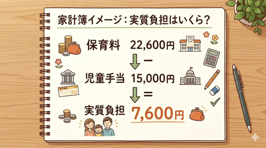 保育料22,600円から児童手当15,000円を差し引いた実質負担額7,600円の家計簿シミュレーション。